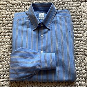 Truzzi blue linen blend button-down shirt with yellow stripe